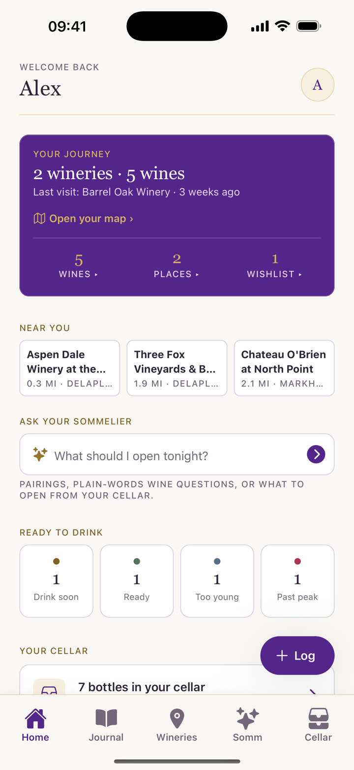 The Cork & Note home screen: wines tasted, places visited, Tonight’s Pick and bottles ready to drink.