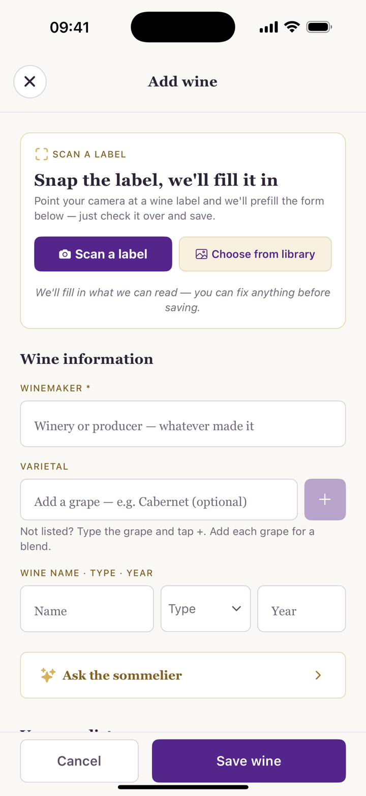 The top of the Add wine form: scan a label to prefill it, with winemaker, grapes, and one compact row for name, type and year.