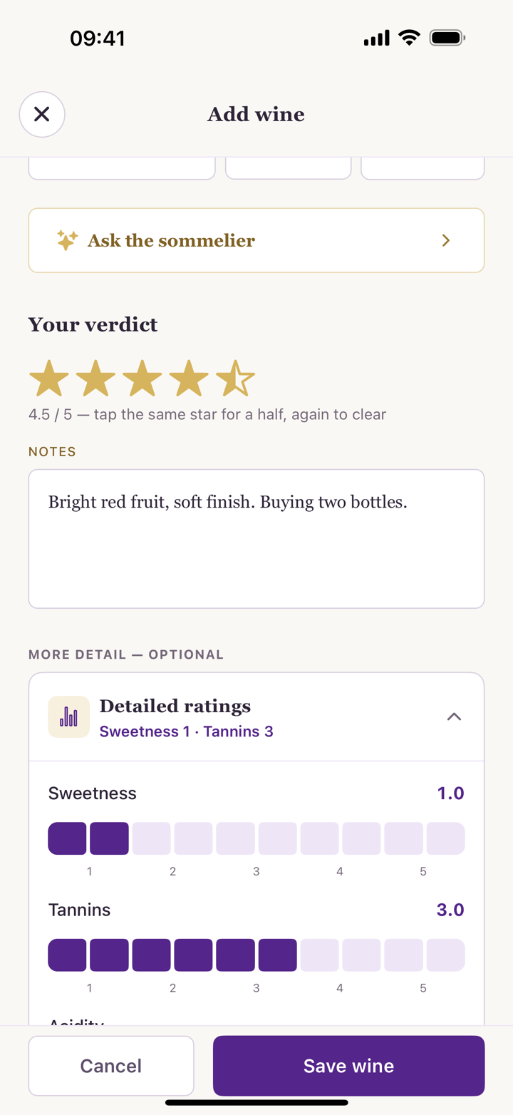 The same form filled in: a 4.5-star verdict, a plain-words note, and detailed sweetness and tannin sliders.