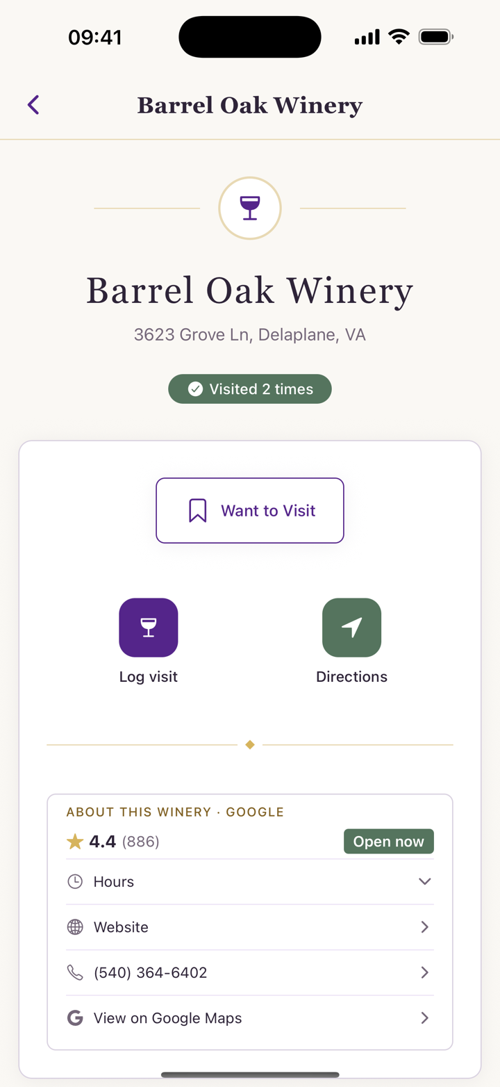 A winery page in Cork & Note showing your past visits and notes alongside live Google rating, opening hours and website.