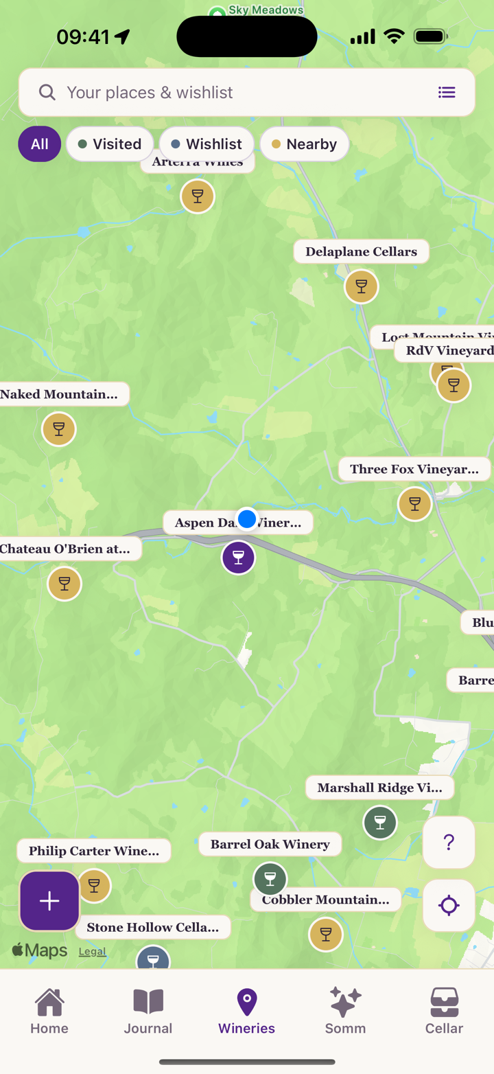 The Cork & Note map with your visited wineries, wishlist and nearby wineries in different colors.