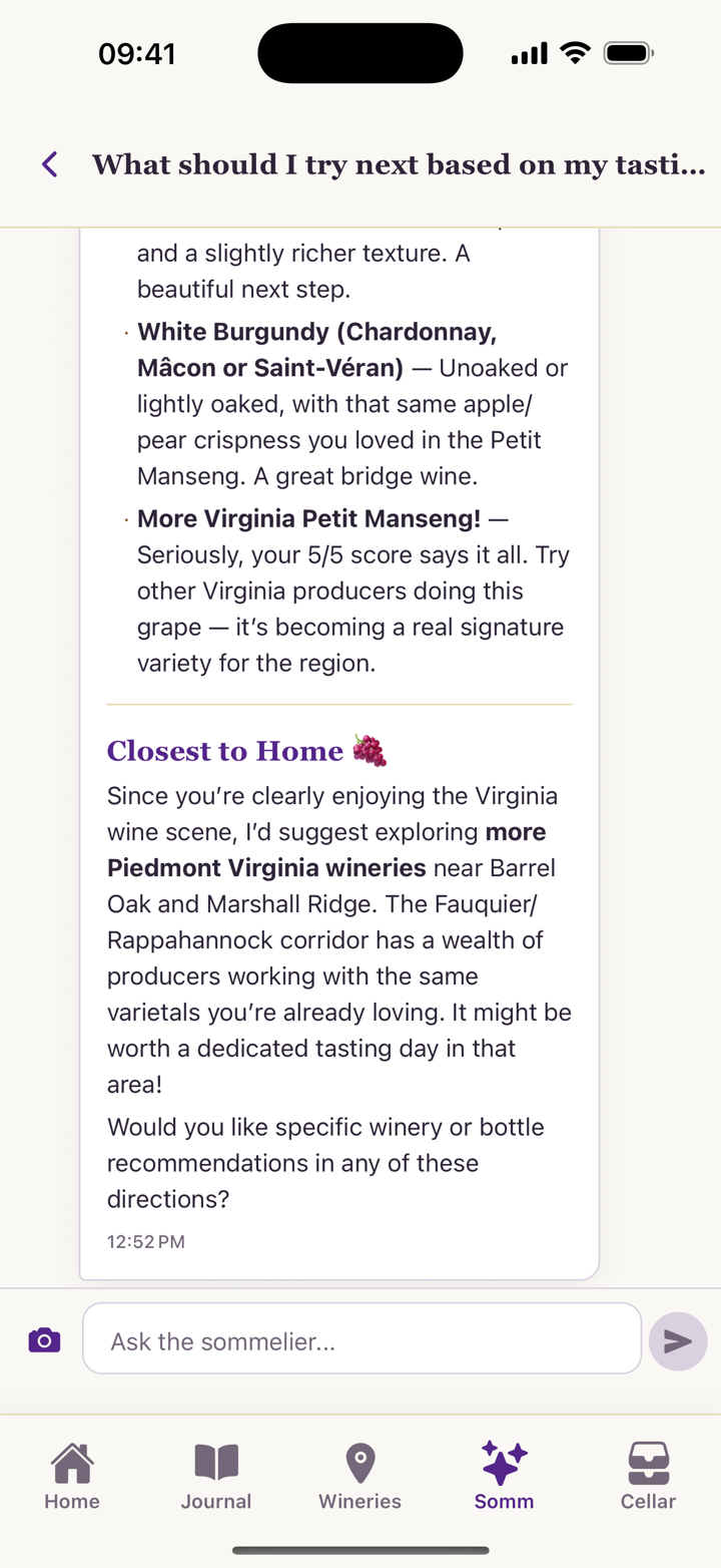 The Cork & Note sommelier answering “What should I try next based on my tastings?” with recommendations built on the user’s own 5-star ratings.