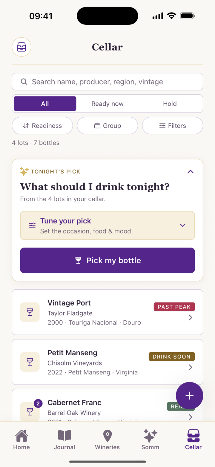 The Cork & Note cellar: Tonight’s Pick asking “What should I drink tonight?” above bottles labelled past peak, drink soon and ready.